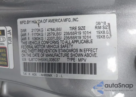 2019 Acura Rdx Technology Pkg from USA, damaged, VIN 5J8TC1H5XKL008037